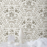 Piedmont (Taupe) wallpaper with foxes and rabbits in shades of gray