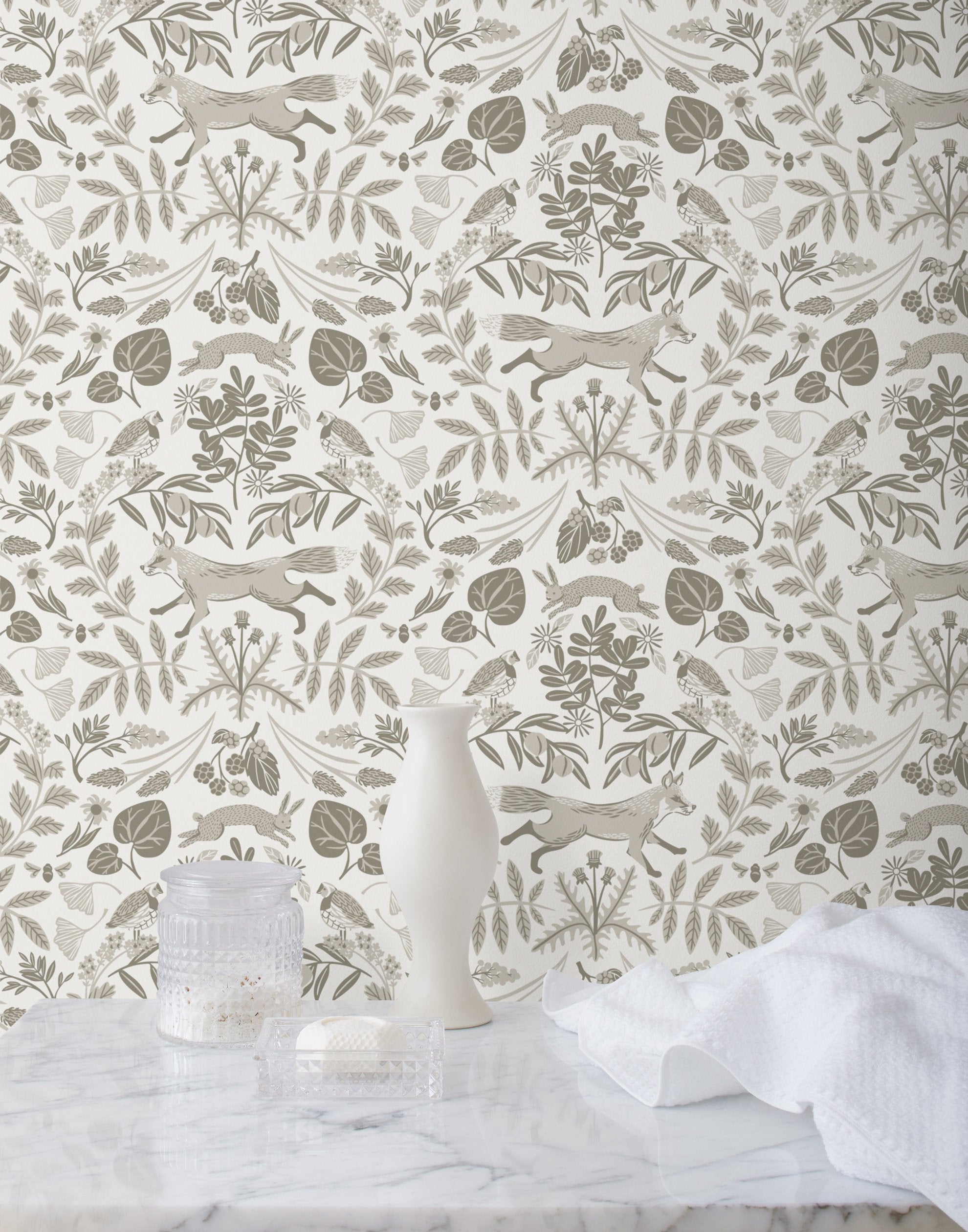 Piedmont (Taupe) wallpaper with foxes and rabbits in shades of gray