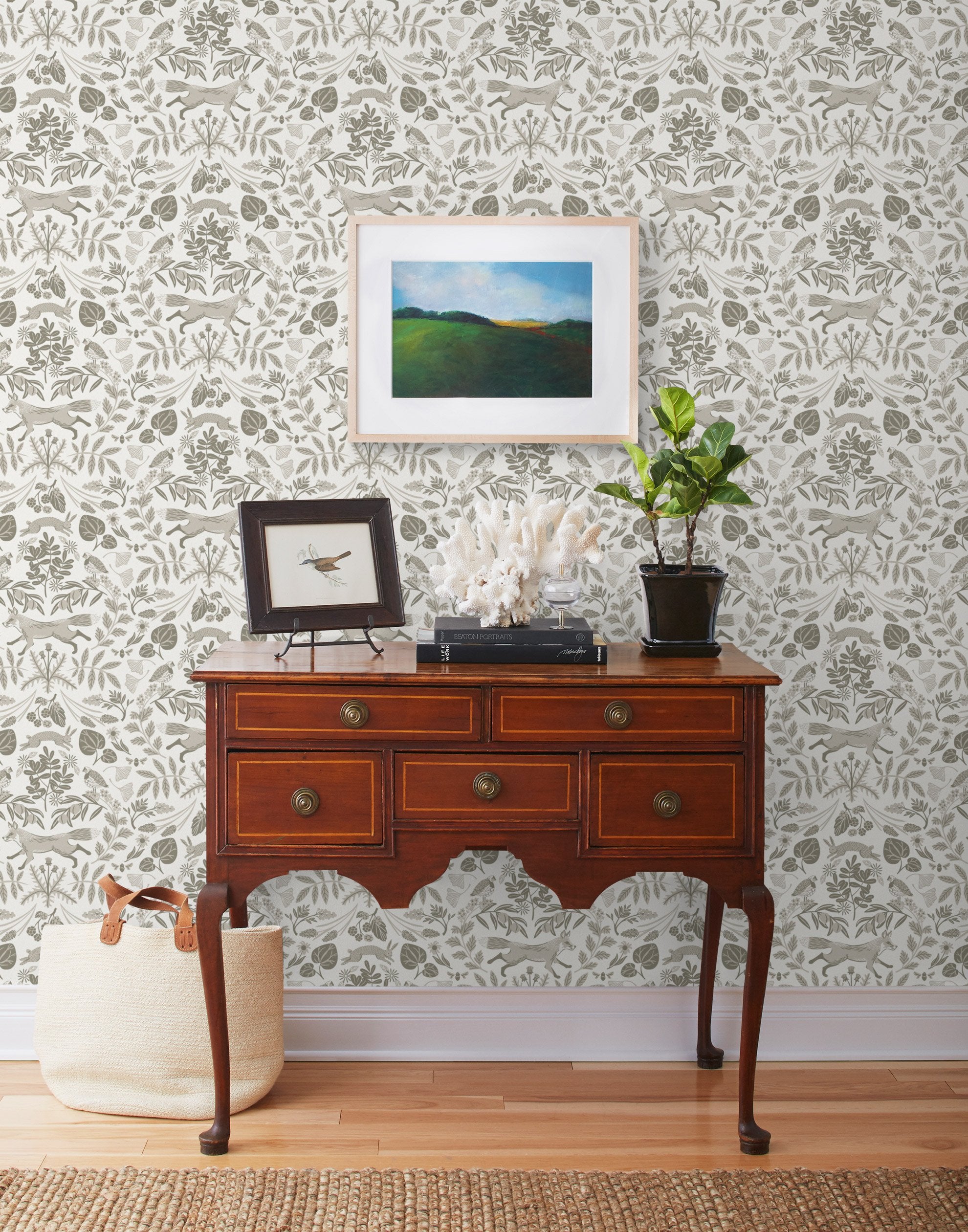Piedmont (Taupe) wallpaper with foxes and rabbits in shades of gray