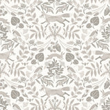 Piedmont (Taupe) wallpaper with foxes and rabbits in shades of gray
