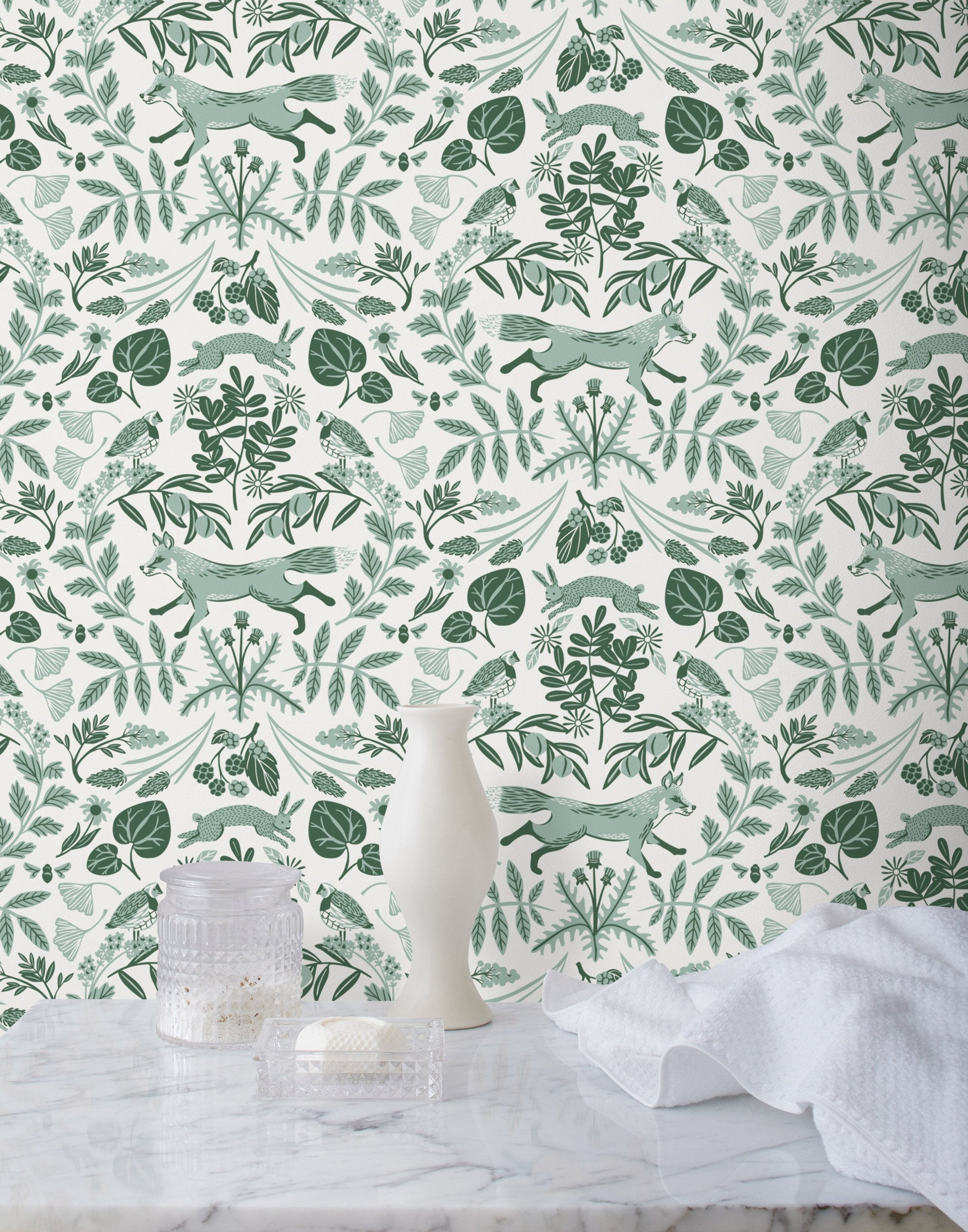 Piedmont (Pine) wallpaper with foxes and rabbits in shades of green
