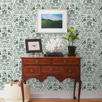 Piedmont (Pine) wallpaper with foxes and rabbits in shades of green