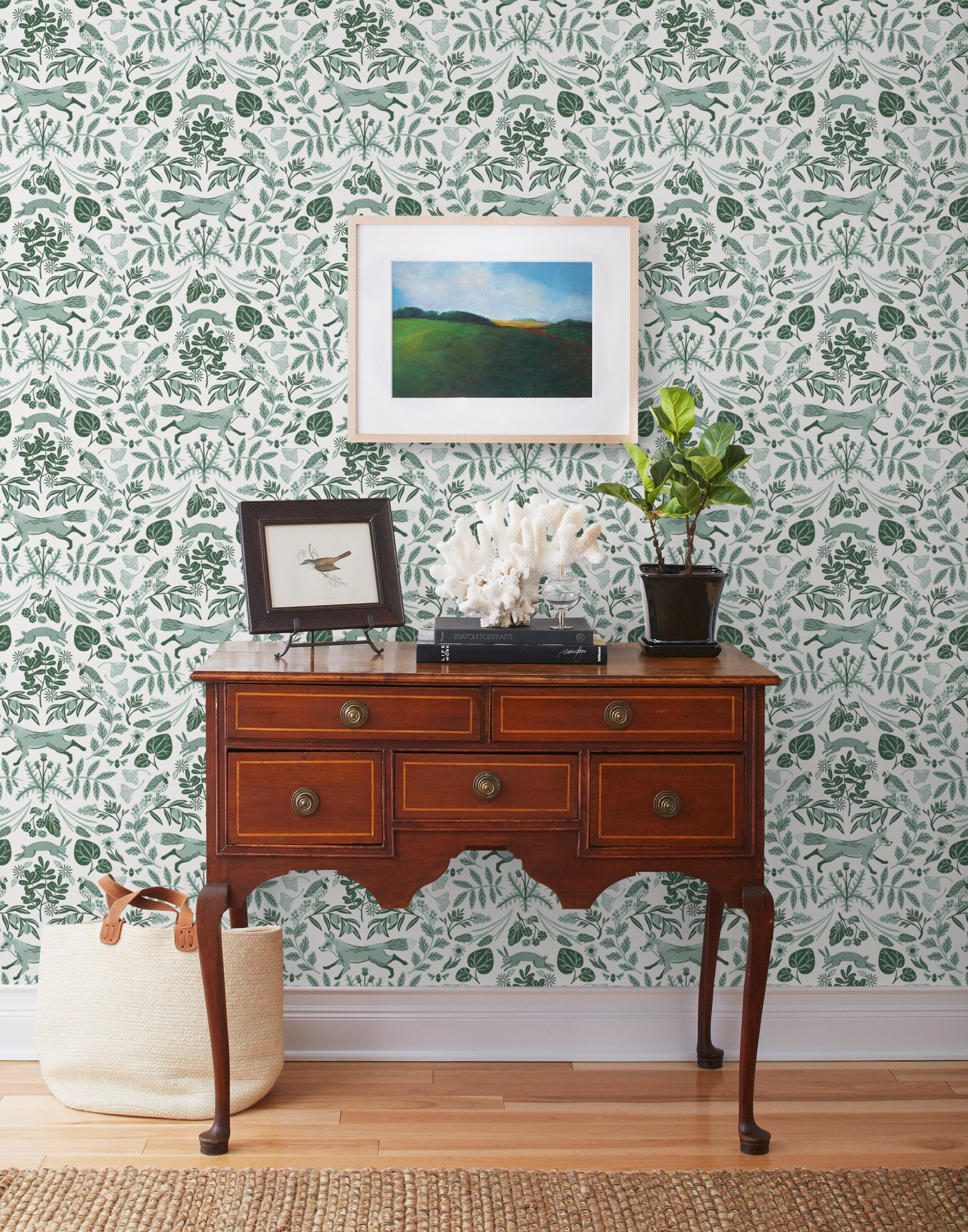 Piedmont (Pine) wallpaper with foxes and rabbits in shades of green