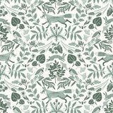 Piedmont (Pine) wallpaper with foxes and rabbits in shades of green