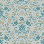 Piedmont (Mist) wallpaper with tan foxes, dusty deep green flora, cream accents on a light gray blue background