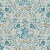 Piedmont (Mist) wallpaper with tan foxes, dusty deep green flora, cream accents on a light gray blue background