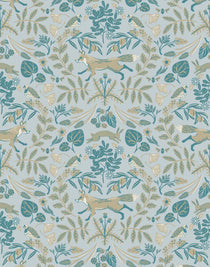 Piedmont (Mist) wallpaper with tan foxes, dusty deep green flora, cream accents on a light gray blue background