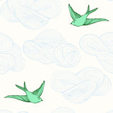 Daydream (Green) features a pattern of flying birds and floating clouds in green and blue white