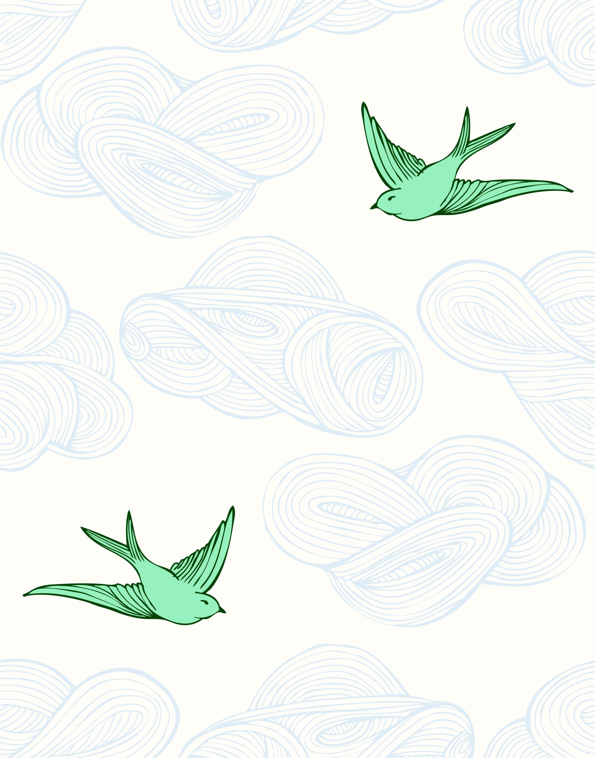Daydream (Green) features a pattern of flying birds and floating clouds in green and blue white
