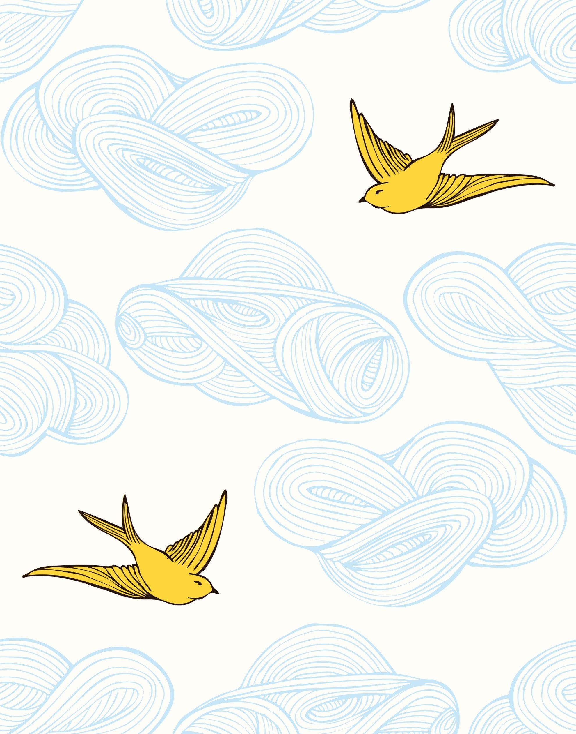 Daydream (Sunshine) features a pattern of flying birds and floating clouds in yellow and blue on white
