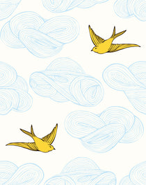 Daydream (Sunshine) features a pattern of flying birds and floating clouds in yellow and blue on white