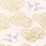 Daydream (Blush) features a pattern of flying birds and floating clouds in metallic gold and white on pink 