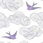Daydream (Lilac) features a pattern of flying birds and floating clouds in purple and gray on white