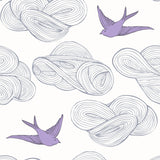 Daydream (Lilac) features a pattern of flying birds and floating clouds in purple and gray on white