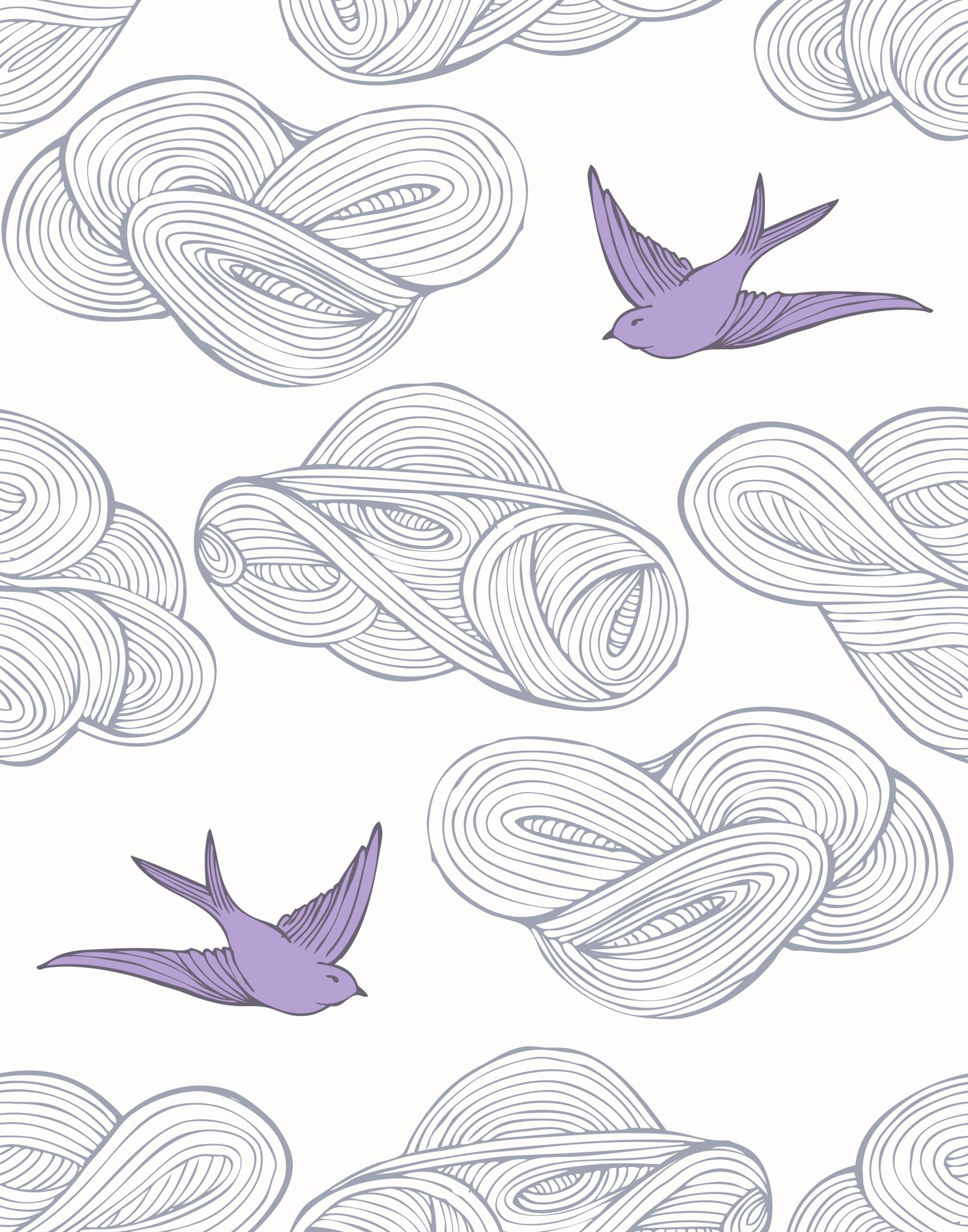 Daydream (Lilac) features a pattern of flying birds and floating clouds in purple and gray on white