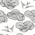 Daydream (Black) features a pattern of flying birds and floating clouds in black on white