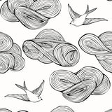 Daydream (Black) features a pattern of flying birds and floating clouds in black on white