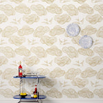 Daydream (Gold) features a pattern of flying birds and floating clouds in metallic on white