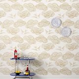 Daydream (Gold) features a pattern of flying birds and floating clouds in metallic on white