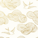 Daydream (Gold) features a pattern of flying birds and floating clouds in metallic on white