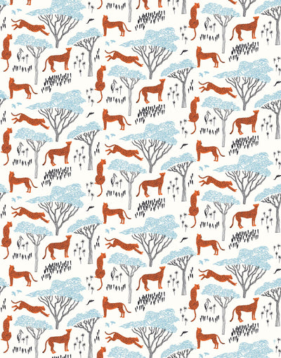 Serengeti (Orange) wallpaper features cheetahs, birds and African trees in orange and blue on white illustrated by Julia Rothman