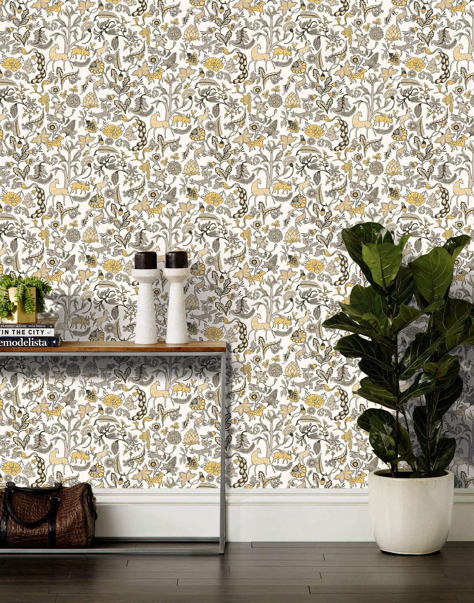 Foret (Gold) features magical animals and flowers in metallic gold, tan and gray on white designed by Julia Rothman