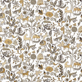 Foret (Gold) features magical animals and flowers in metallic gold, tan and gray on white designed by Julia Rothman