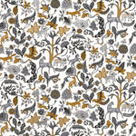 Foret (Charcoal) features magical animals and flowers in silver, tan and gray on white designed by Julia Rothman