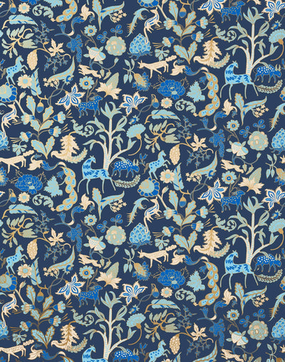 Foret (Midnight) features magical animals and flowers in gold and blue on navy designed by Julia Rothman