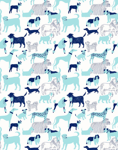 Dog Park (Blue) wallpaper featuring illustrated dogs in shades of blue on white designed by Julia Rothman