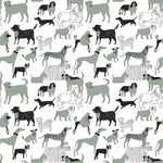 Dog Park (Gray) wallpaper featuring illustrated dogs in shades of gray on white designed by Julia Rothman