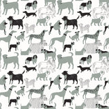 Dog Park (Gray) wallpaper featuring illustrated dogs in shades of gray on white designed by Julia Rothman