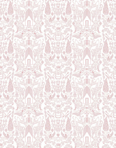 Nethercote (Rose) features a pink on white pattern of a country home and garden illustrated by Julia Rothman