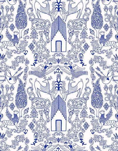 Nethercote Large (Blue) features a blue on white pattern of a country home and garden illustrated by Julia Rothman
