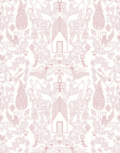 Nethercote Large (Rose) features a pink on white pattern of a country home and garden illustrated by Julia Rothman