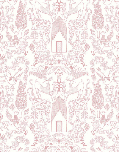 Nethercote Large (Rose) features a pink on white pattern of a country home and garden illustrated by Julia Rothman