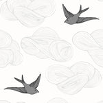 Daydream (Light Gray) features a pattern of flying birds and floating clouds in gray on white