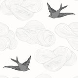 Daydream (Light Gray) features a pattern of flying birds and floating clouds in gray on white