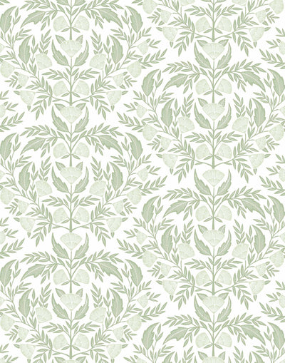Symmetry wallpaper is a stylized floral wallpaper and designed in linocut style by Katharine Watson for Hygge & West | Sage green flowers on a white wallpaper