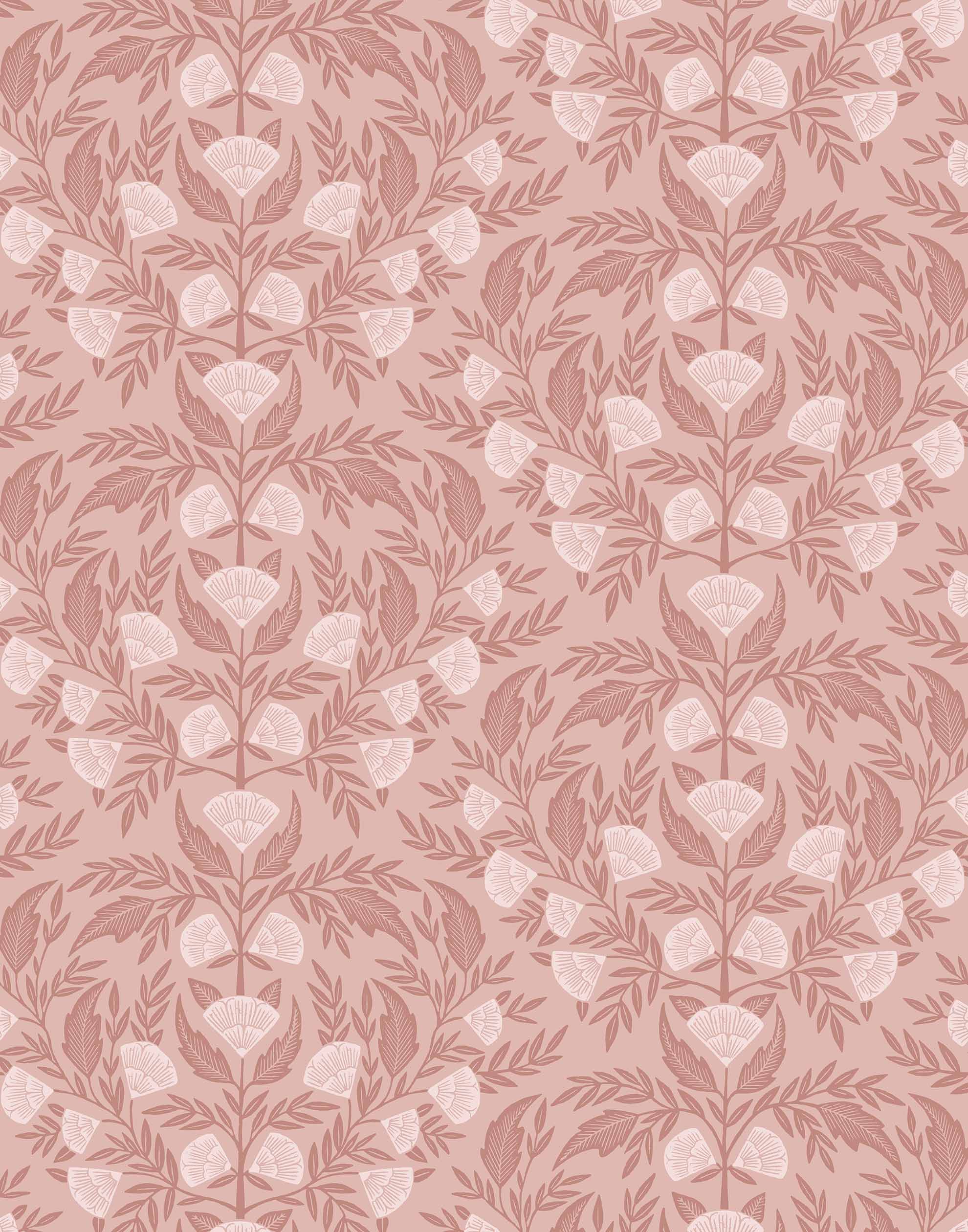 Symmetry wallpaper is a stylized floral wallpaper and designed in linocut style by Katharine Watson for Hygge & West | Dark pink and light pink flowers on a rose pink wallpaper background.