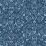 Symmetry wallpaper is a stylized floral wallpaper and designed in linocut style by Katharine Watson for Hygge & West | Light blue flowers on a navy blue wallpaper background.