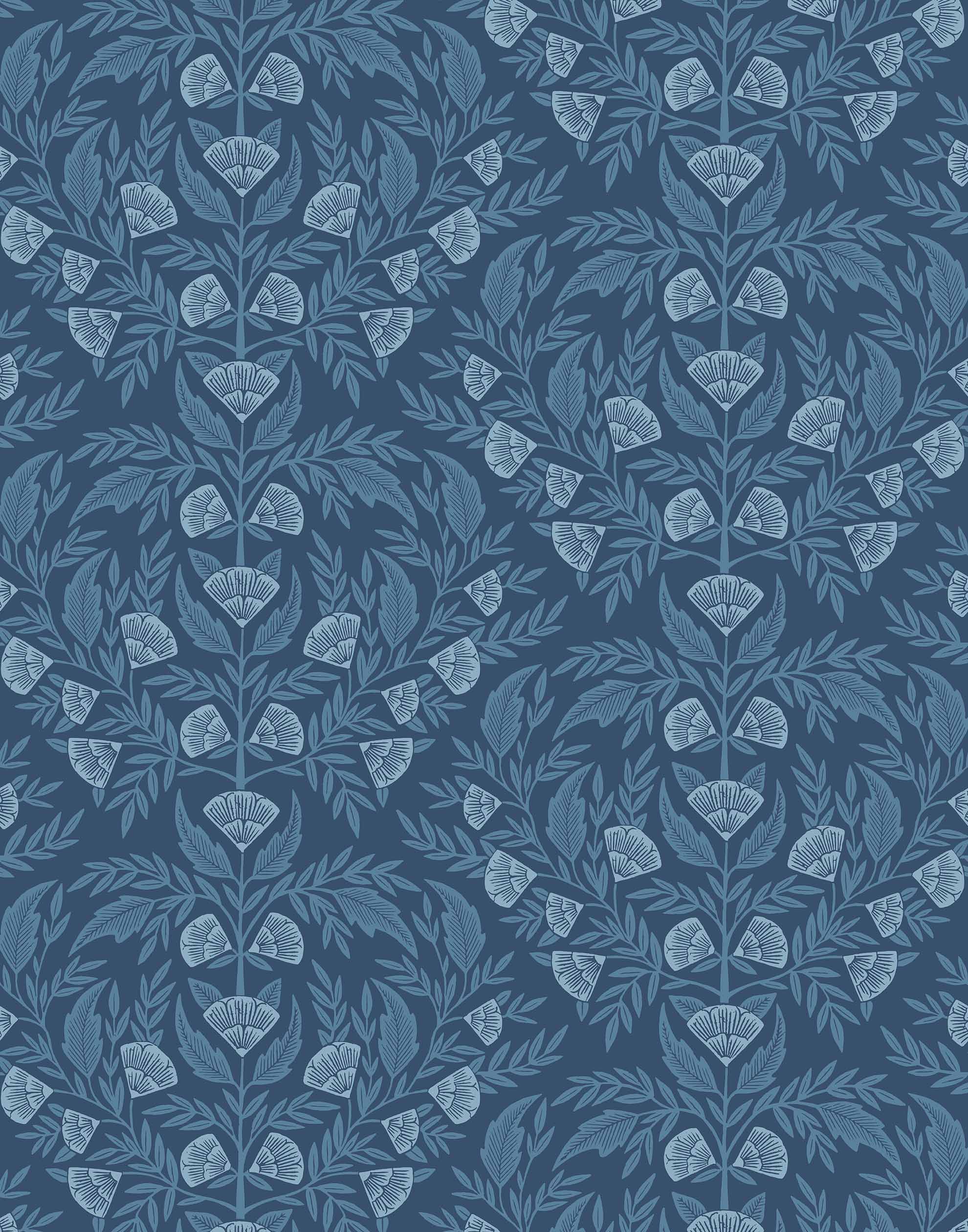Symmetry wallpaper is a stylized floral wallpaper and designed in linocut style by Katharine Watson for Hygge & West | Light blue flowers on a navy blue wallpaper background.