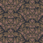 Symmetry wallpaper is a stylized floral wallpaper and designed in linocut style by Katharine Watson for Hygge & West | Metallic gold and pink flowers on a soft black wallpaper background.