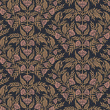 Symmetry wallpaper is a stylized floral wallpaper and designed in linocut style by Katharine Watson for Hygge & West | Metallic gold and pink flowers on a soft black wallpaper background.