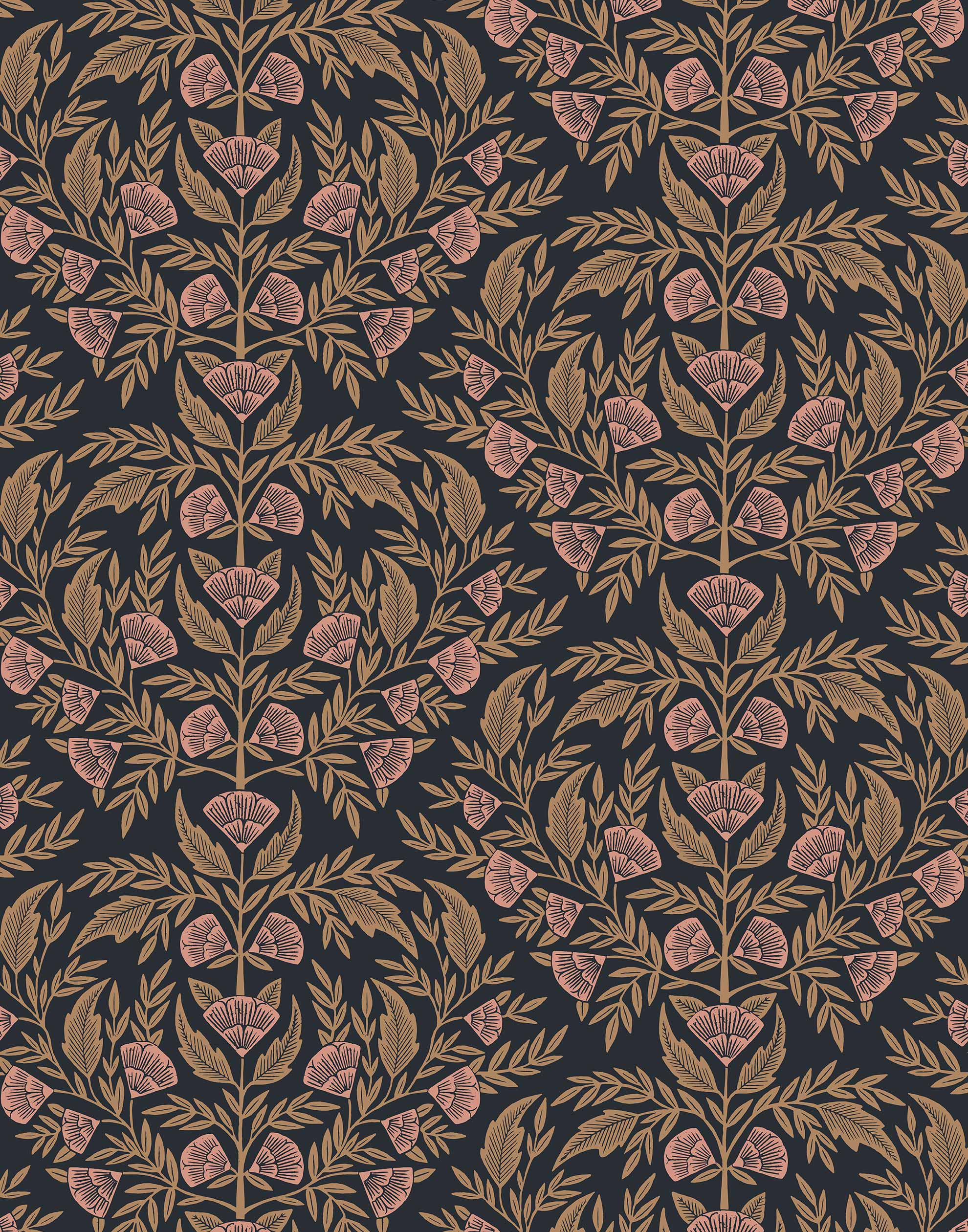 Symmetry wallpaper is a stylized floral wallpaper and designed in linocut style by Katharine Watson for Hygge & West | Metallic gold and pink flowers on a soft black wallpaper background.