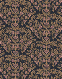 Symmetry wallpaper is a stylized floral wallpaper and designed in linocut style by Katharine Watson for Hygge & West | Metallic gold and pink flowers on a soft black wallpaper background.