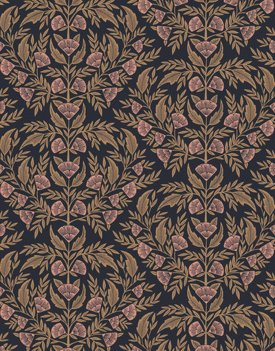 Symmetry wallpaper is a stylized floral wallpaper and designed in linocut style by Katharine Watson for Hygge & West | Metallic gold and pink flowers on a soft black wallpaper background.