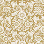 Conservatory wallpaper featuring stylized petals and leaves dervived from a block-print technique was designed by Katharine Watson for Hygge & West. Featuring white flowers on and ochre / yellow mustard wallpaper background.