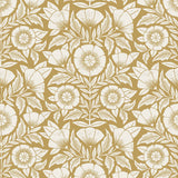 Conservatory wallpaper featuring stylized petals and leaves dervived from a block-print technique was designed by Katharine Watson for Hygge & West. Featuring white flowers on and ochre / yellow mustard wallpaper background.