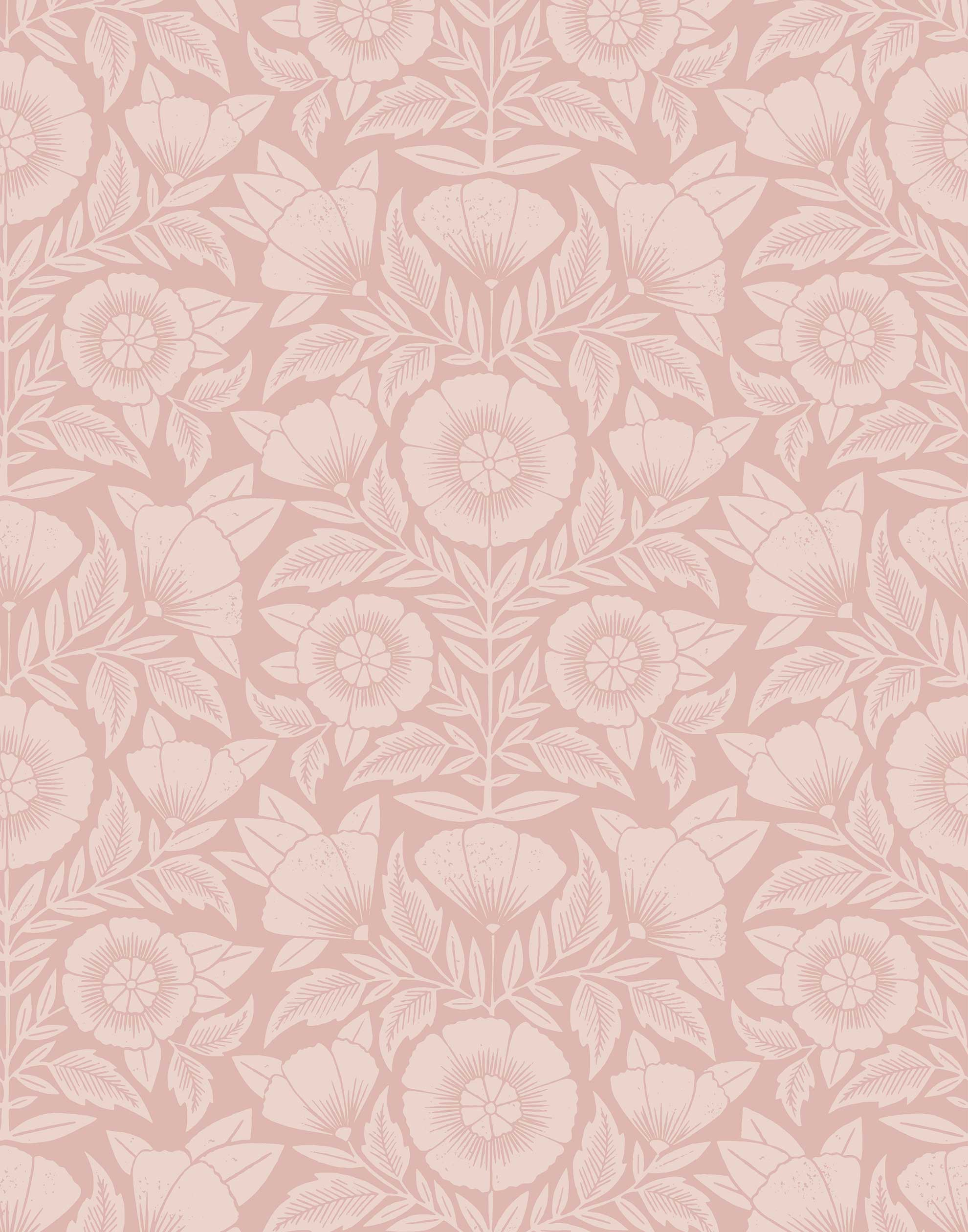 Conservatory wallpaper featuring stylized petals and leaves dervived from a block-print technique was designed by Katharine Watson for Hygge & West. Featuring light pink flowers on a rose pink wallpaper background.